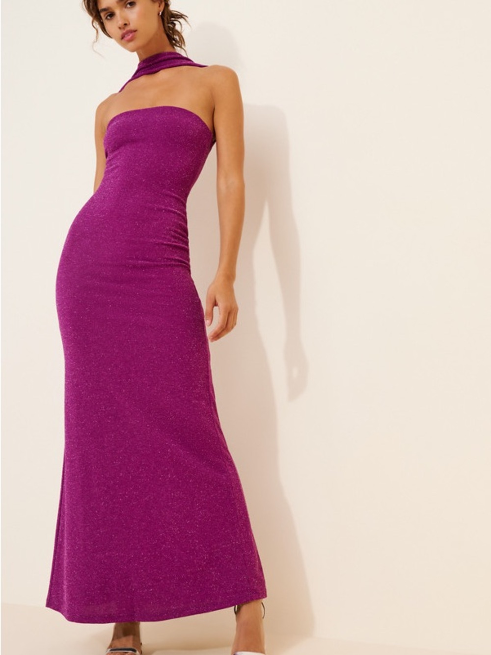 Strapless Fuchsia Evening Gown with Neck Scarf